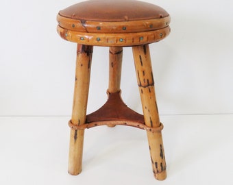 Small Vintage Bamboo Flower Stand Stool with Faux-Leather Seat - MCM 1960s Side Table Pedestal Mid Century Modern