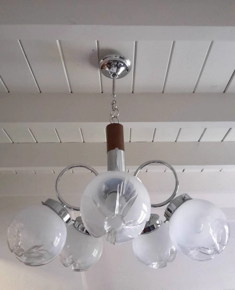 Mid Century modern design chandelier space age white globe glass lamp shade European Vintage Lighting image 1