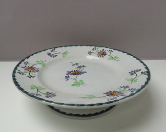 Vintage Pastry DISH with Floral Decor - Round Footed Cake Stand - Ceramic Pottery Serving Plate Platter