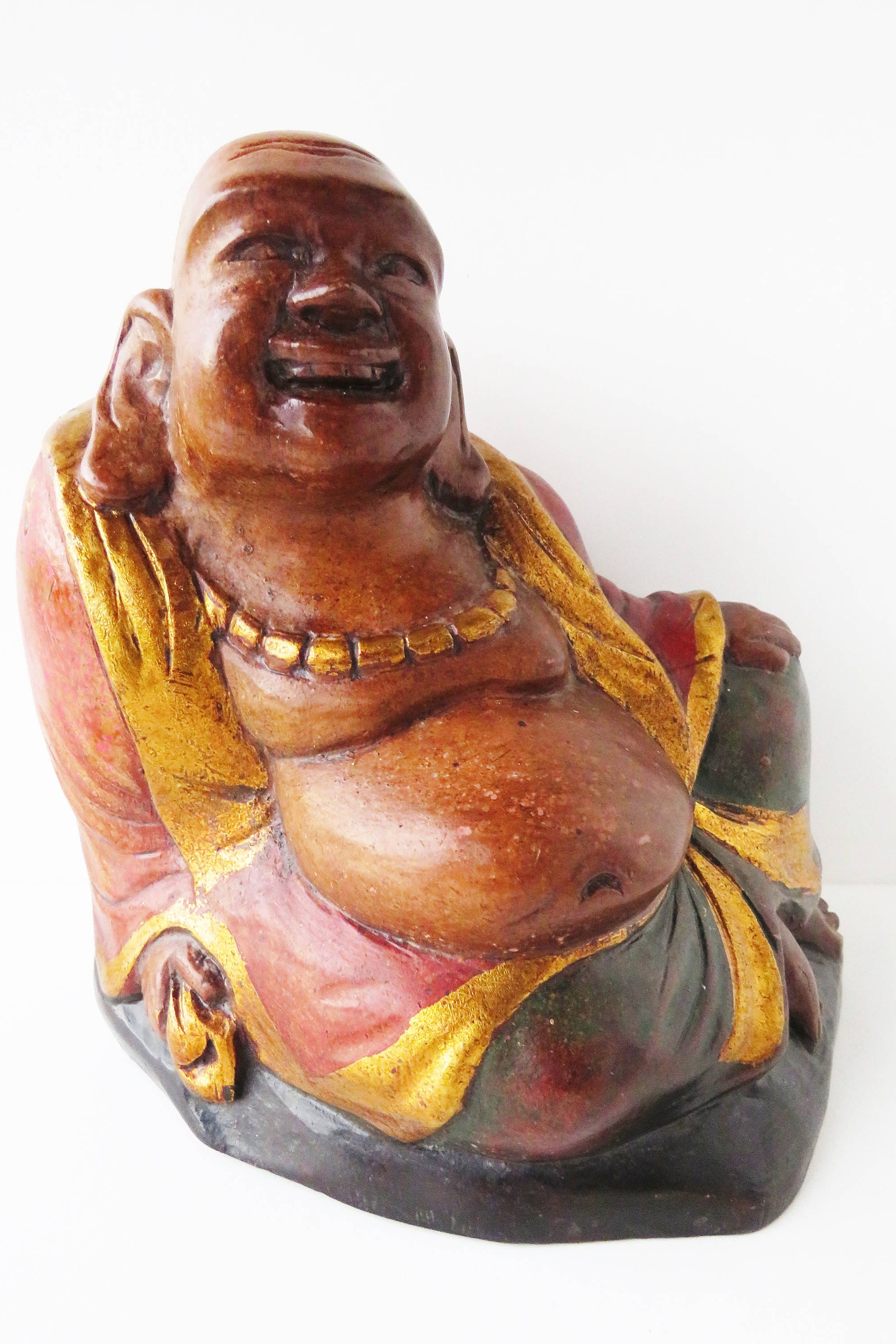 Wooden Laughing Buddha figurine statue with polychrome Etsy