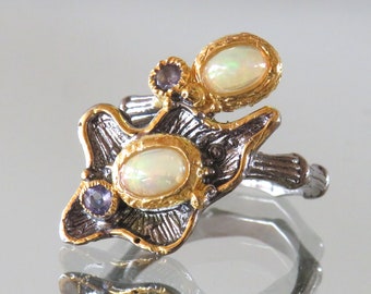 Amazing Sterling Silver Opal Cocktail RING with natural fancy Opal and Iolite gemstones - marked 925