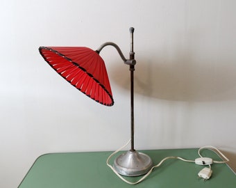 Antique French Desk Table Lamp with Plastic Ribbon Lampshade - European vintage Lighting