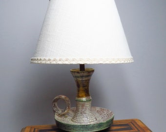Vintage 1970s Pottery table lamp with linen on pvc lamp shade - hand made marked 12 - European vintage lamps