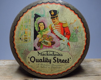 Vintage TIN Metal BOX by Mackintosh Quality Street England - 1950s Round English Candy Container - European Vintage