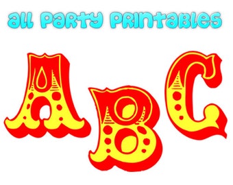 May include: Red and yellow circus-style letters A, B, and C. The letters are outlined in red and have yellow polka dots and stripes.