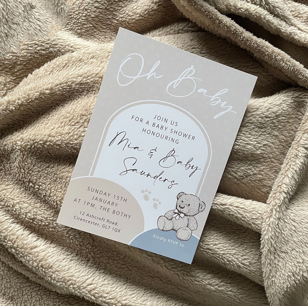 Baby Shower Teddy Bear Nude Beige Blue Invitations Etsy