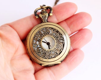 Antique Bronze Pocket Watch Necklace | Steampunk Filigree Pendant Gift for Her