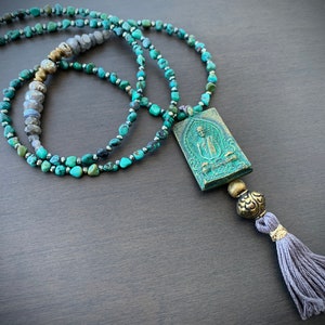 Seated Buddha Amulet with African Turquoise Labradorite And Handmade Tassel