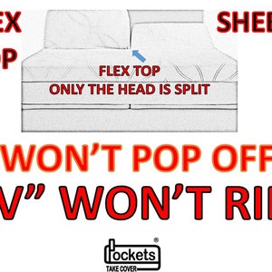 May include: A white mattress with a split head section, labeled "Flex Top" and "Only the head is split." The mattress is designed to work with fitted sheets. The text "Won't pop off!" and "V" Won't rip!" is written in red letters. The image also includes the logo "Pockets Take Cover."