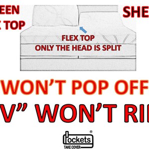 May include: A white queen-sized flex top mattress with a split head. The text "FLEX TOP ONLY THE HEAD IS SPLIT" is written on the mattress. The text "SHEETS" is written in red on the top right corner of the image. The text "WON'T POP OFF!" is written in red below the mattress. The text "V" WON'T RIP!" is written in red below the text "WON'T POP OFF!" The text "Pockets TAKE COVER" is written in black below the text "V" WON'T RIP!"