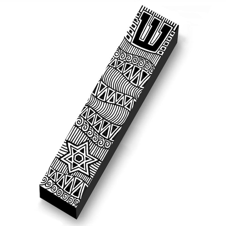 May include: A black mezuzah case with intricate white geometric patterns. The design includes triangles, swirls, and a Star of David. The top features the Hebrew letter Shin. The rectangular case is approximately 6 inches long.