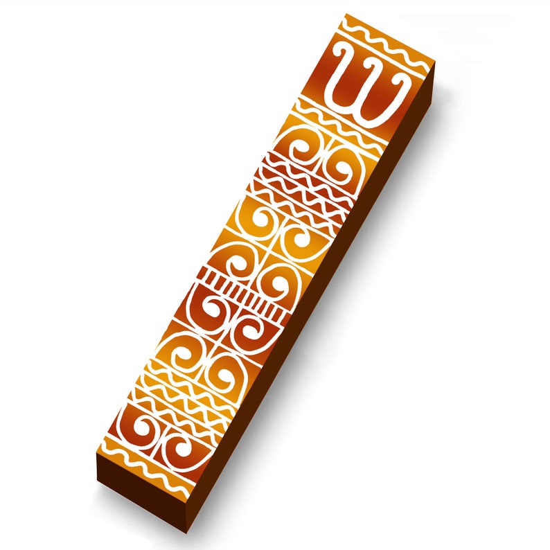May include: A rectangular wooden object with a brown base and a decorative pattern in shades of orange and white. The design includes swirls, lines, and a stylized letter "W". The object is angled, casting a shadow on the white background.
