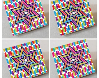 Juego de posavasos de cristal estilo Agam – Diseño multicolor con estrella judía