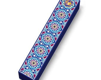 May include: A blue and white patterned mezuzah with a gold Star of David. The mezuzah is a decorative item for a Jewish home.