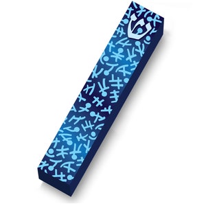 May include: A blue mezuzah case with a pattern of light blue abstract shapes. The case has a dark blue background and a light blue emblem at the top. The mezuzah is rectangular and angled, with a shadow on the white background.