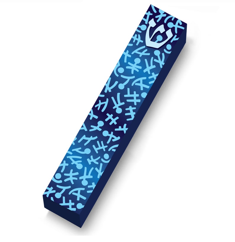 May include: A blue mezuzah case with a pattern of light blue abstract shapes. The case has a dark blue background and a light blue emblem at the top. The mezuzah is rectangular and angled, with a shadow on the white background.