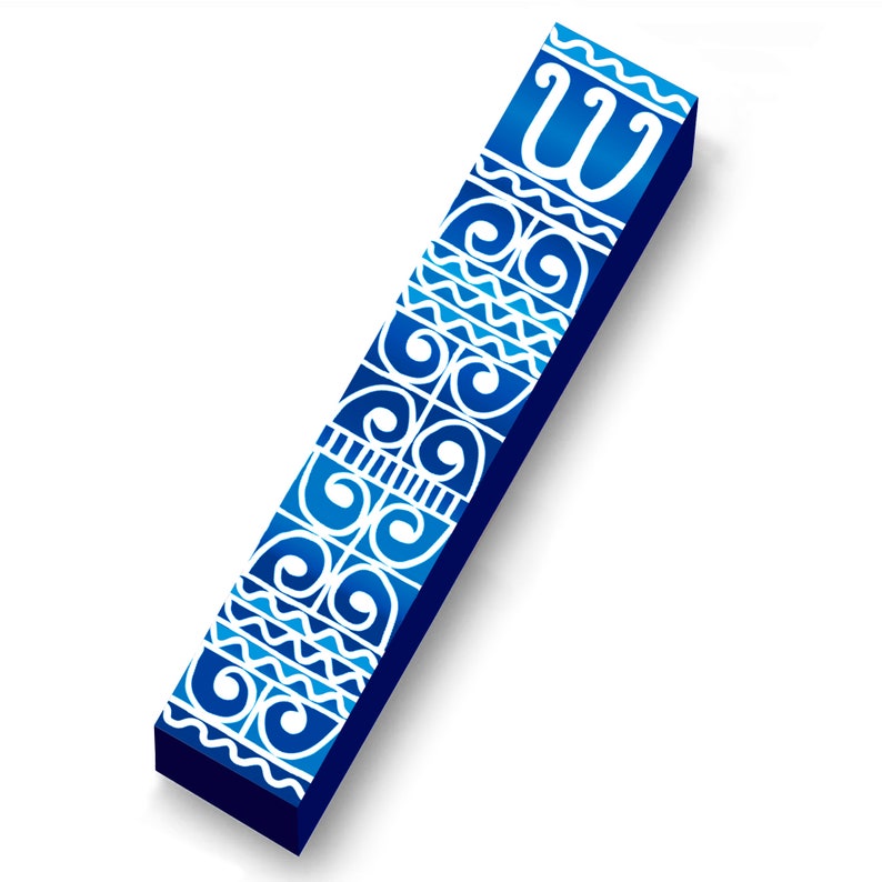 May include: A rectangular, dark blue object with white and light blue decorative patterns. The design includes swirls, zigzags, and a stylized letter "W" at the top. The object is angled, casting a shadow on a white background.