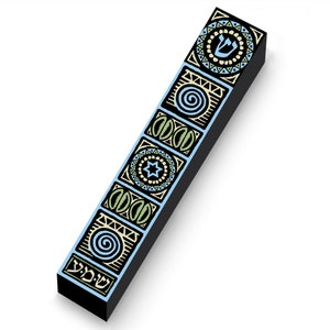 May include: A black mezuzah case with a series of decorative panels in light blue, cream, and green. Each panel features geometric patterns and symbols, including a star and a spiral. The top panel displays a Hebrew letter.