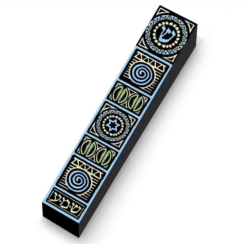 May include: A black mezuzah case with a series of decorative panels in light blue, cream, and green. Each panel features geometric patterns and symbols, including a star and a spiral. The top panel displays a Hebrew letter.
