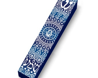 May include: A blue mezuzah with a white Hamsa hand and Star of David design. The mezuzah is decorated with a blue and white geometric pattern and the Hebrew words "Shema Yisrael" are written on the mezuzah.