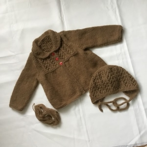 Hand Knitted, Matinee Coat & Bonnet, Lace Patt.  0/3mths.