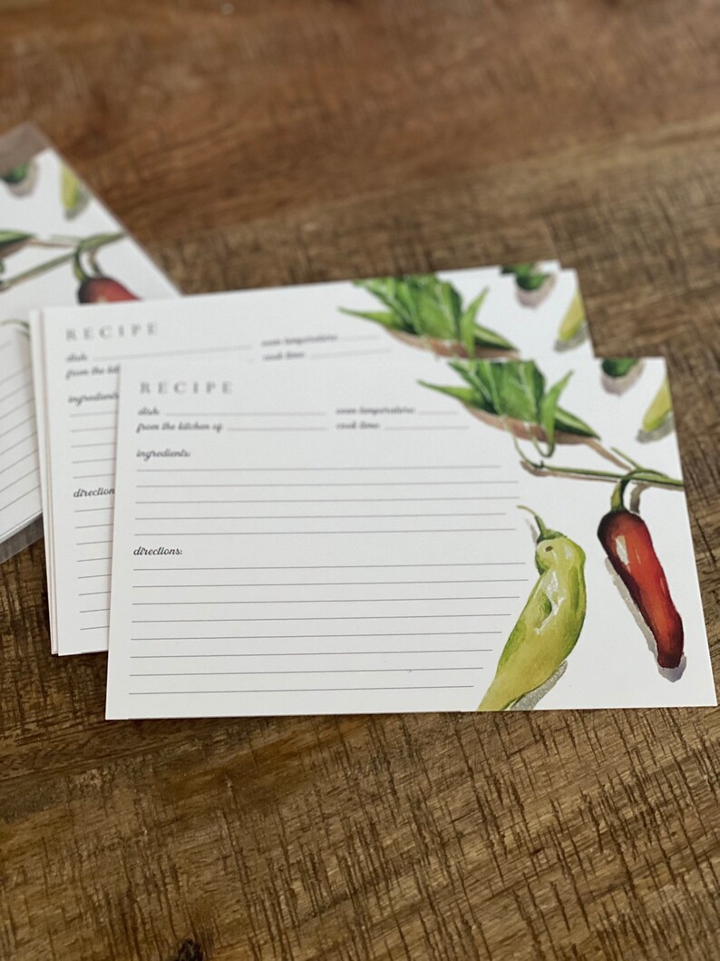 Recipe Cards Set of 10 Watercolor Pepper Design 4x6 Size image 3