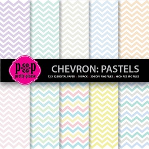 Könnte beinhalten: Zehn digitale Papiermuster mit Chevron-Designs in Pastellfarben. Die Farben umfassen Lavendel, Hellblau, Hellgrün, Hellrosa, Hellgelb und Beige. Der Text "CHEVRON: PASTELS" wird oben im Bild angezeigt.