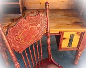 Solid Pine, Vintage Desk, farmhouse furniture, wood desk, shabby chic desk, farmhouse desk, rustic desk, red desk, large desk, roll top desk