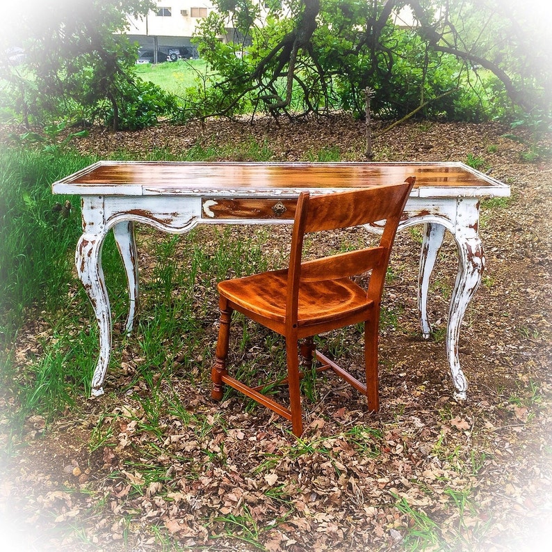 Sold 5 Long Antique Desk W Matching Chair White Etsy
