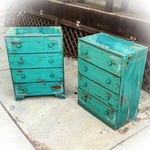 SOLD Matching French Country Dresser Set, green hues w/ corner accents & lace detailing, rustic, farmhouse dressers, shabby chic dressers image 4