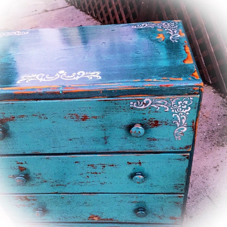 SOLD Matching French Country Dresser Set, green hues w/ corner accents & lace detailing, rustic, farmhouse dressers, shabby chic dressers image 3