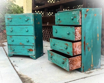 SOLD - Matching French Country Dresser Set, green hues w/ corner accents & lace detailing, rustic, farmhouse dressers, shabby chic dressers
