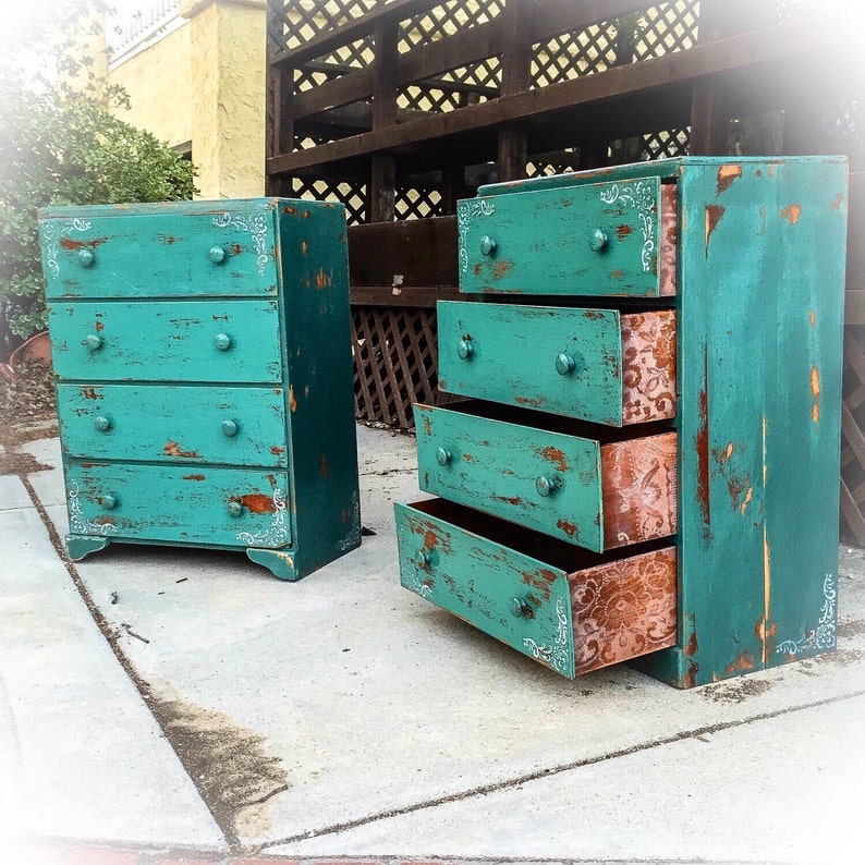 SOLD Matching French Country Dresser Set, green hues w/ corner accents & lace detailing, rustic, farmhouse dressers, shabby chic dressers image 1