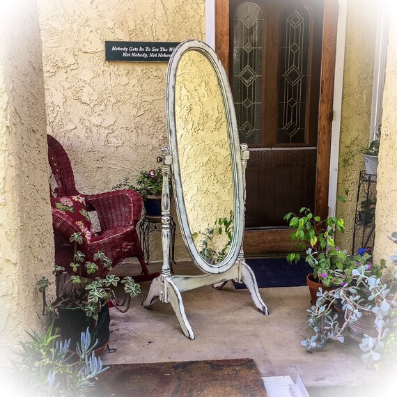 Sold Antique Dressing Mirror Shabby Chic Full Length Cheval Distressed White Floor Standing