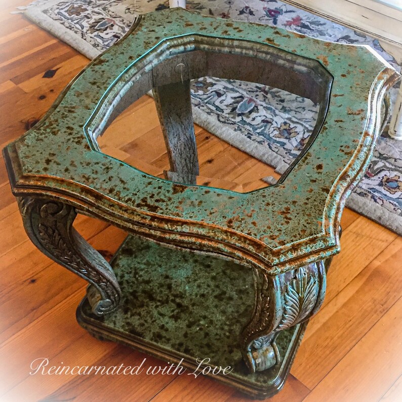 Patina, Rusted Copper, End Table, Green, Side Table, Upcycled Furniture