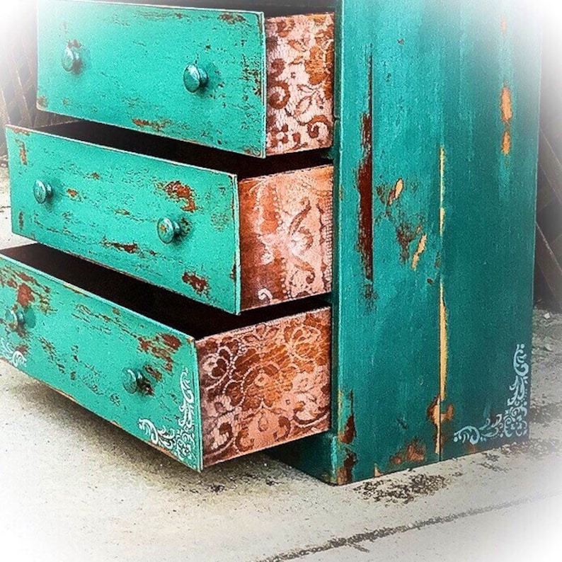 SOLD Matching French Country Dresser Set, green hues w/ corner accents & lace detailing, rustic, farmhouse dressers, shabby chic dressers image 2