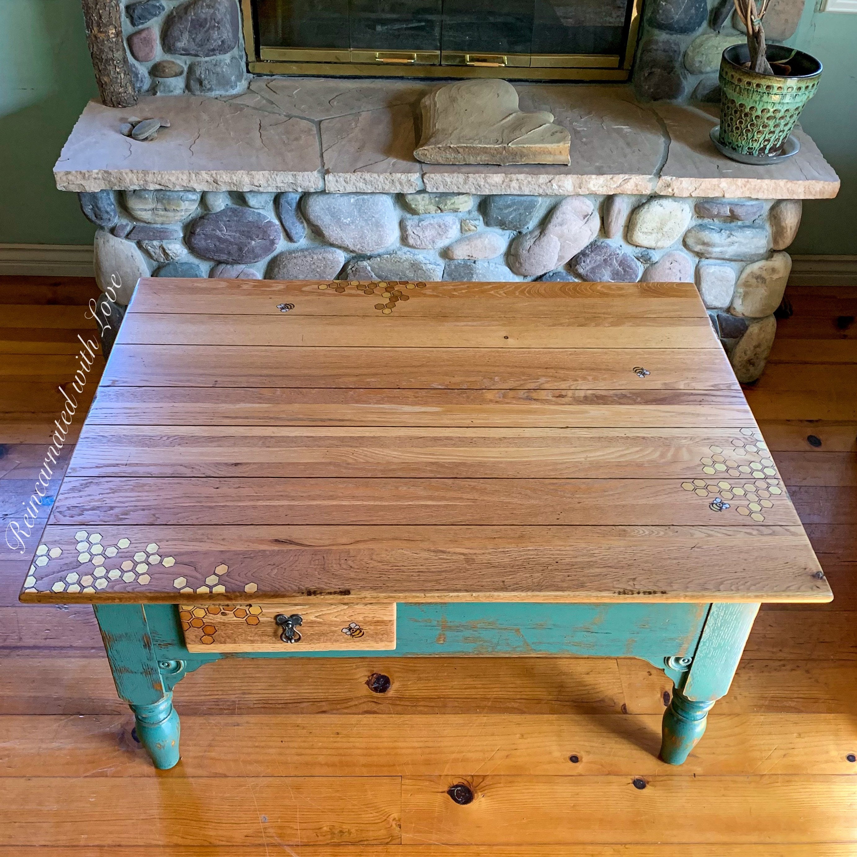 Wood Coffee Table, With & Bee Accents, Shabby Chic Coffee