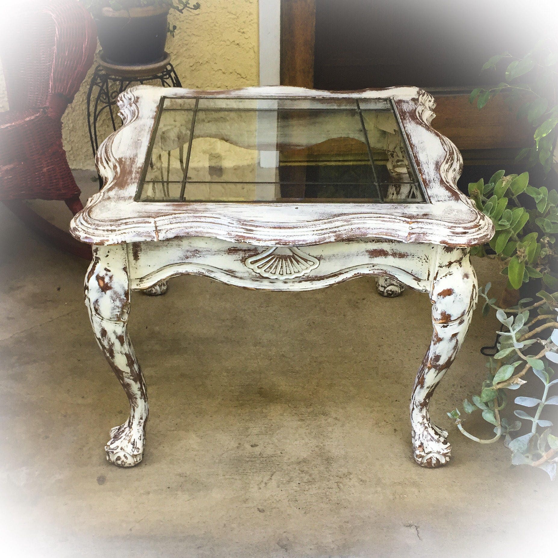 SOLD French Country Antique Side Table distressed white Etsy