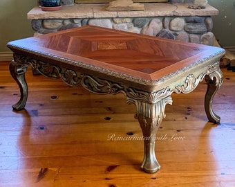 Art Nouveau Style Coffee Table, with wood inlay & iridescent golden hues, stained wood, coffee table, coffee tables, painted furniture