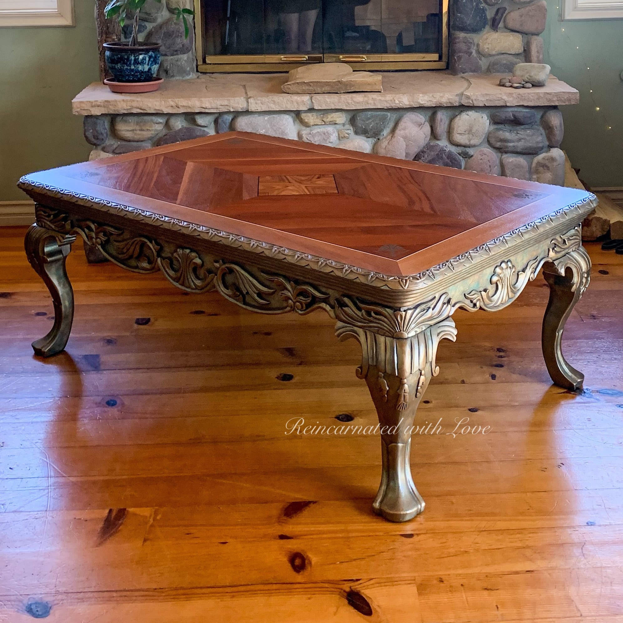 Art Nouveau Style Coffee Table, With Wood Inlay & Iridescent Art Nouveau Style Coffee Table, With Wood Inlay & Iridescent