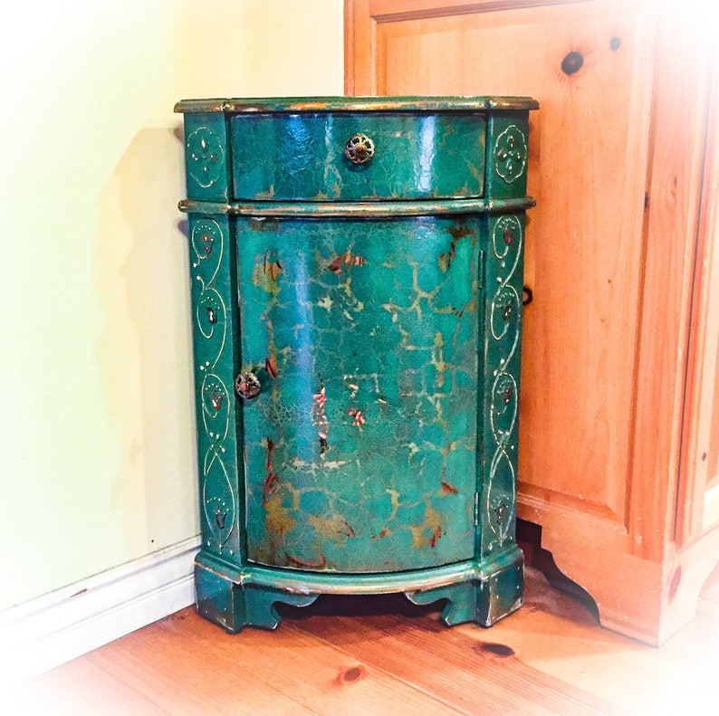 French Country Corner Cabinet Table Storage Green Painted Furniture Bathroom