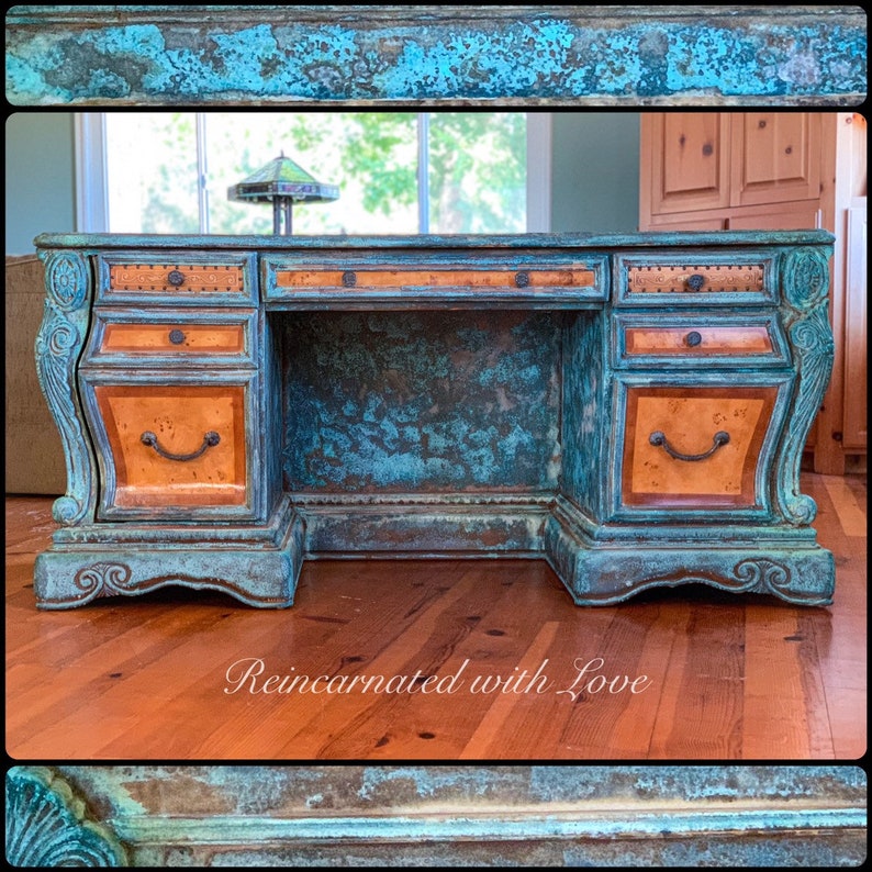 Patina Wood Desk bohemian boho desk upcycled furniture Etsy