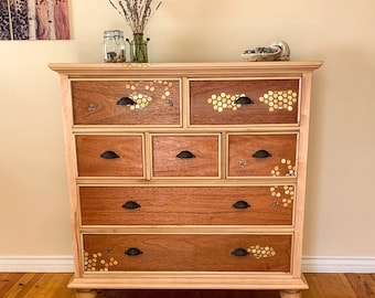 Tall Dresser, w/ honeycomb & tiny bee accents, upcycled chest of drawers, painted furniture, farmhouse, dresser, boho, bedroom furniture