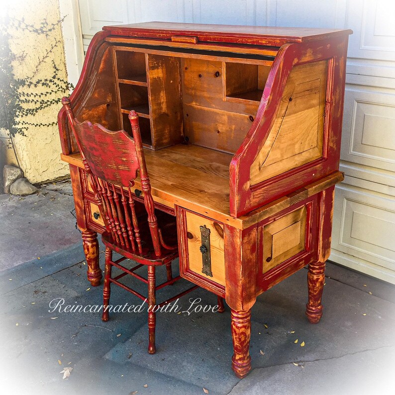 Solid Pine Reclaimed Wood Desk Shabby Chic Farmhouse Furniture Rustic Red Large Roll Top