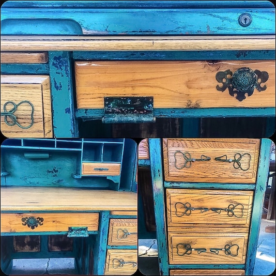 SOLD Antique French Country Desk Green Blue Copper Rustic