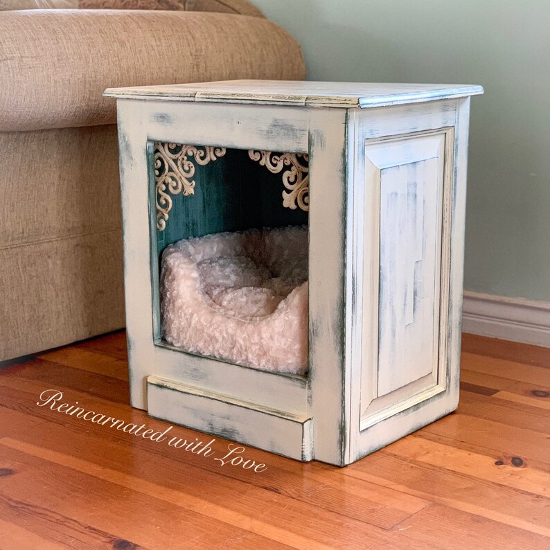Shabby Chic Pet Bed Nightstand Dog Bed Cat Bed Farmhouse End Table Upcycled Furniture Side Table Dog House Cat Cave Cat House