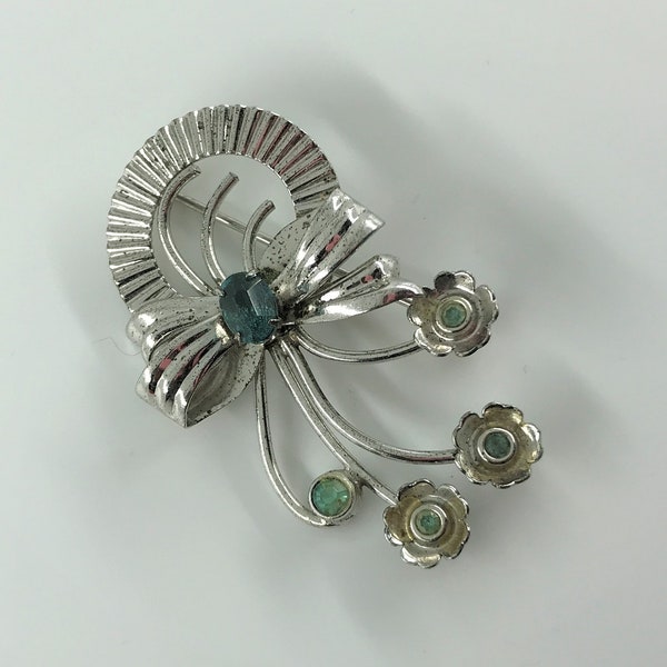 Vintage Bond Boyd Sterling Silver Wreath Bow and Flower Brooch - Floral Pin w Light Blue / Aquamarine Colored Glass Rhinestones - Signed 60s