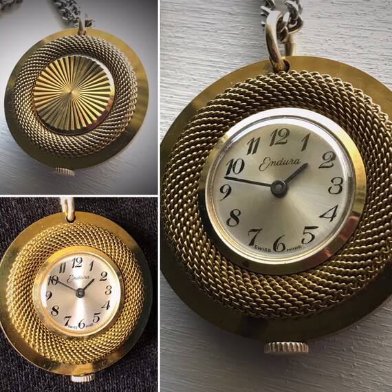 Vintage Mid Century Endura Watch Pendant Necklace Gold Tone - Endura Pendant Watch