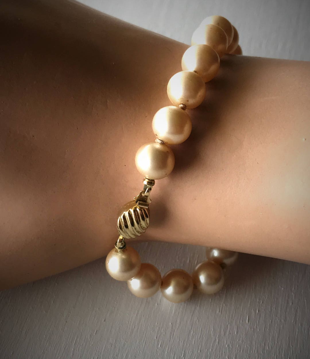 Vintage Designer Signed Marvella Faux Pearl Bracelet Champagne / Peach