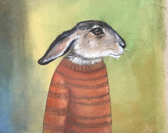 May include: A painting of a rabbit wearing a brown and orange striped sweater. The rabbit is looking to the right and has a light brown and gray fur. The background is a green and yellow gradient.